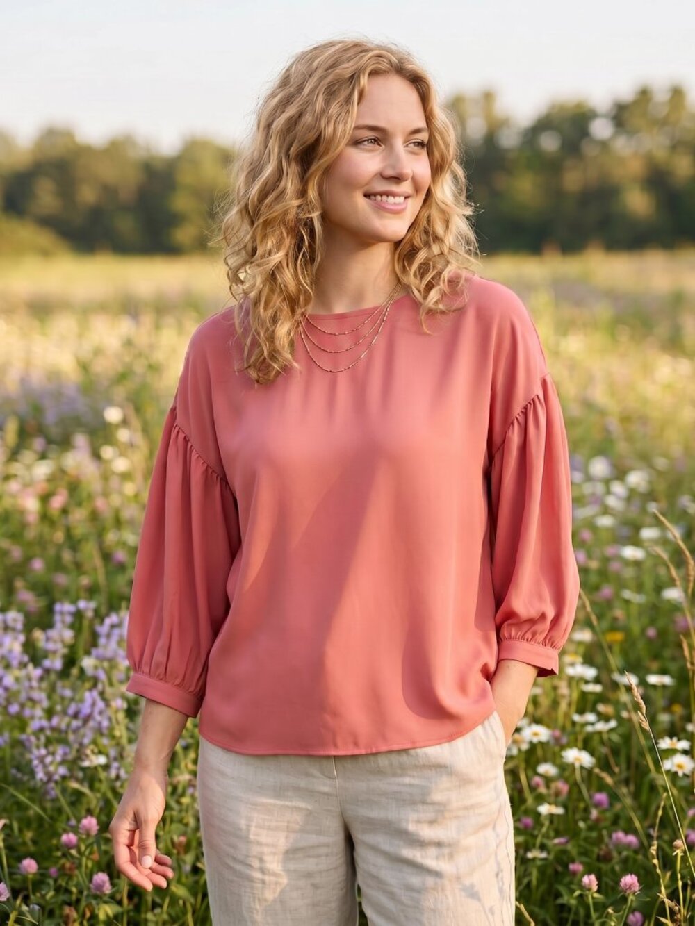 Loft Salmon Pink Flowy Top‎ M Office Romantic Quiet Luxury Fairy 3/4 Sleeve Poet